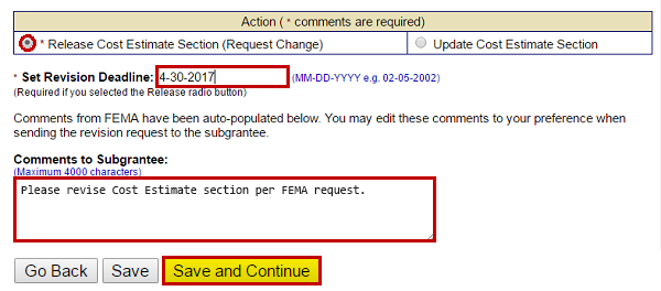 The Release Cost Estimate Section (Request Change) radio button (selected, emphasized), Revision deadline 04-30-2017 (emphasized), comments (text field emphasized), and Save and Continue (emphasized). See Appendix for alt text description.