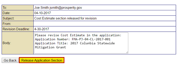 A sample notification email to the Subgrant Applicant asks for revisions to the released subgrant application section. The Release Application Section button is emphasized. See Appendix for alt text description.