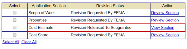 On the Review and Resubmit Application screen the released Cost Estimate section appears with a "Revision Released to Subgrantee" Revision Status and View Section link. See Appendix for alt text description.