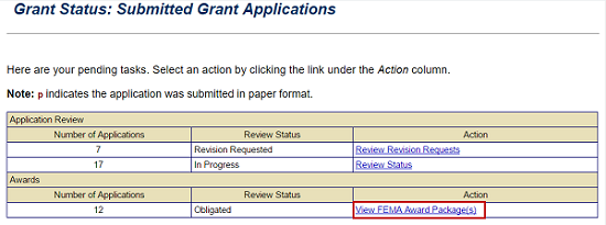 Select the View FEMA Award Package(s) link on the Grant Status: Submitted Grant Applications screen to view a grant that has been awarded. See Appendix for alt text description.