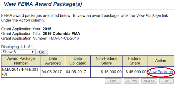 Select the View Package link in the Action column of the View FEMA Award Package(s) screen to view links to the three documents that constitute the Award Package. See Appendix for alt text description.