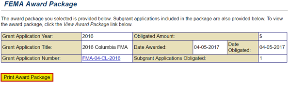 Select the Print Award Package button (emphasized) on the FEMA Award Package screen to print all three parts of an Award package. See Appendix for alt text description.