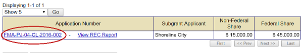 Select the Application Number link (circled) to view details about the subgrant application included in the FEMA award package. The federal and non-federal share are also listed. See Appendix for alt text description.