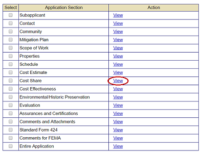 Select the View link in the Action column to review sections of a subgrant application included in a grant application. The link for the Cost Share section is circled in example. See Appendix for alt text description.