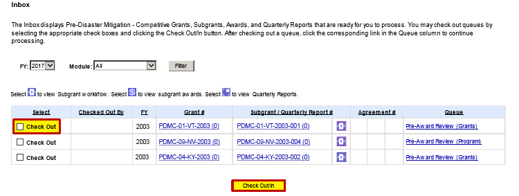 Queues which are available for check out will display a check out box (emphasized) in the Select column. Select the box to check out a an application in a queue the select the Check Out/In button (emphasized). See Appendix for alt text description.