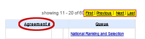 Screenshot top right corner of Inbox screen. Showing 11-20 of 60,(hyperlinked, emphasized) First | Previous | Next  Last. Sortable linked Column headers: Agreement # (emphasized), Queue: National Ranking and Selection (hyperlinked)