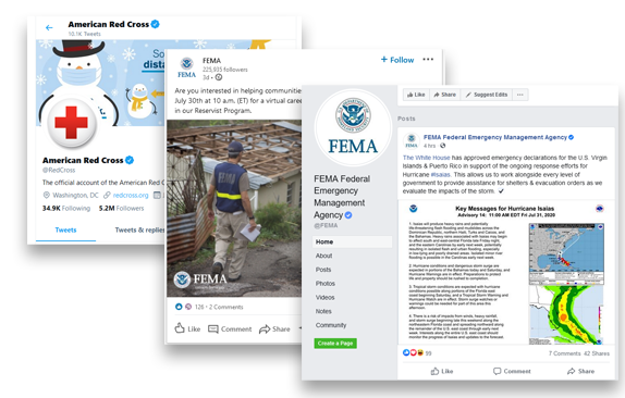 Graphic collage of the FEMA pages on Facebook and LinkedIn, and American Red Cross page on Twitter.