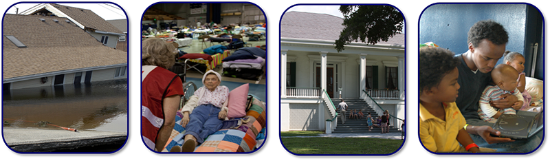 A set of four photos Photo 1: (far left) flooded house. Photo 2: (second from left) shelter in gymnasium with people on cots. Photo 3: (second from right) house with large porch. Photo 4: (far right) family with baby.