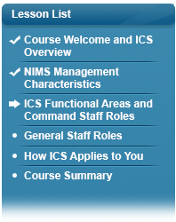 Menu showing checkmark at Lesson One Course Welcome and Overview, checkmark at Lesson Two NIMS Management Characteristics, arrow at Lesson Three ICS Functional Areas and Command Staff Roles, Lesson Four General Staff Roles, Lesson Five How ICS Applies to You, Course Summary