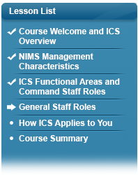 Menu showing checkmark at Lesson One Course Welcome and Overview, checkmark at Lesson Two NIMS Management Characteristics, checkmark at Lesson Three ICS Functional Areas and Command Staff Roles, arrow at Lesson Four General Staff Roles, Lesson Five How ICS Applies to You, Course Summary