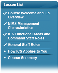 Menu showing checkmark at Lesson One Course Welcome and Overview, checkmark at Lesson Two NIMS Management Characteristics, checkmark at Lesson Three ICS Functional Areas and Command Staff Roles, checkmark at Lesson Four General Staff Roles, Lesson Five How ICS Applies to You, Course Summary