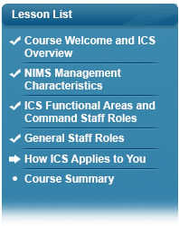 Menu showing checkmark at Lesson One Course Welcome and Overview, checkmark at Lesson Two NIMS Management Characteristics, checkmark at Lesson Three ICS Functional Areas and Command Staff Roles, checkmark at Lesson Four General Staff Roles, arrow at Lesson Five How ICS Applies to You, Course Summary