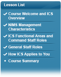 Menu showing checkmark at Lesson One Course Welcome and Overview, checkmark at Lesson Two NIMS Management Characteristics, checkmark at Lesson Three ICS Functional Areas and Command Staff Roles, checkmark at Lesson Four General Staff Roles, checkmark at Lesson Five How ICS Applies to You, Course Summary