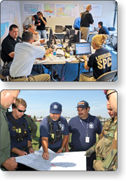 Image 1: Information sharing in a Joint Field Office. Image 2: Information sharing in the field.