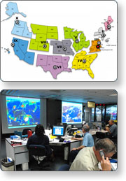 Map of the United States divided into FEMA regions, and people working in a Regional Response Coordination Center (RRCC)