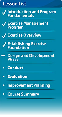 Graphic listing all lessons in course. Arrow indicates the current lesson Design and Development Phase, with prior lessons checked off.