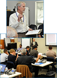 two pictures, one man addressing others and one of several people working at tables.