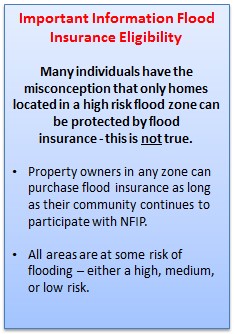 Important Information Flood Insurance Eligibility.  Many Individuals have the misconception that only homes located in high risk flood zone can be protected by flood insurance.  This is not true.  Property owners in any zone can purchase flood insurance as long as their community continutes to participate in NFIP.  All areas are at some risk of floding--either high medium or low risk 