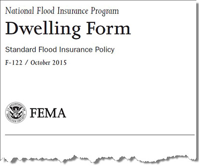 NFIP Dwelling Form cover page reading:  National Flood Insurance Program, Dwelling Form, Standard Flood Insurance Policy, F-122/ October 2015  (FEMA Log)