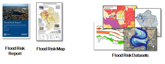 Images of a flood risk report, flood risk map, and flood risk datasets