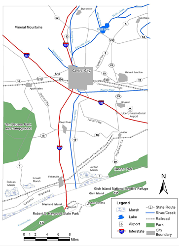 Example Map of fictitious Liberty County showing Marshes; Lakes; Airports; Interstates; State Routes; Rivers/Creeks; Railroads; Parks; City Boundaries.