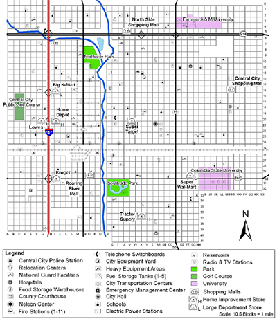 Example map of fictitious Central City showing rivers, roads, parks, universities, golf course, railroad tracks, schools, fire and police stations, warehouses, hospitals, power/phone stations, Radio/TV stations, government buildings.