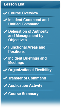 Checkmark next to Course Overview, checkmark next to Incident Command and Unified Command, checkmark next to Delegation of Authority and Management by Objectives, checkmark next to Functional Areas and Positions, checkmark next to Incident Briefings and Meetings, checkmark next to Organizational Flexibility, checkmark next to Transfer of Command, checkmark next to Application Activity, checkmark next to Course Summary.