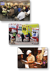 Collage of 3 pictures: 1. Classroom training; 2. Ambulances and EMTs; 3. Disaster Workers