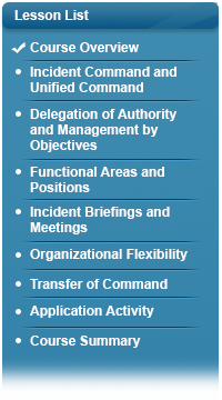 Checkmark next to Course Overview, bullet next to Incident Command and Unified Command, bullet next to Delegation of Authority and Management by Objectives, bullet next to Functional Areas and Positions, bullet next to Incident Briefings and Meetings, bullet next to Organizational Flexibility, bullet next to Transfer of Command, bullet next to Application Activity, bullet next to Course Summary.