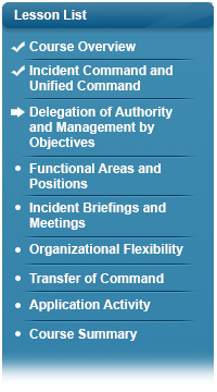 Checkmark next to Course Overview, checkmark next to Incident Command and Unified Command, arrow next to Delegation of Authority and Management by Objectives, bullet next to Functional Areas and Positions, bullet next to Incident Briefings and Meetings, bullet next to Organizational Flexibility, bullet next to Transfer of Command, bullet next to Application Activity, bullet next to Course Summary.