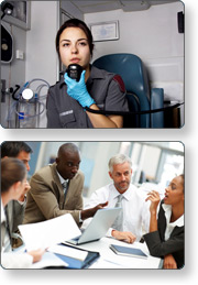 2 photos showing: Dispatcher on her radio. Group of individuals in a meeting.