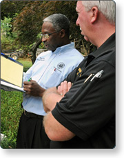 FEMA personnel discussing paperwork.