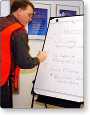 A man in an orange vest writing on an easel