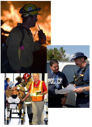 Photo 1 Responder with fire in background. Photo 2 Responders with patient on gurney. Photo 3 Police responders.
