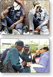 Image 1:  Two public health responders sit leaning against a wall to rest.  Image 2:  A group of responders look at papers as they discuss plans