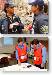 2 photos of emergency personnel. One in the field and the other in a classroom.
