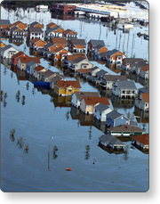 An aerial view of flooded houses