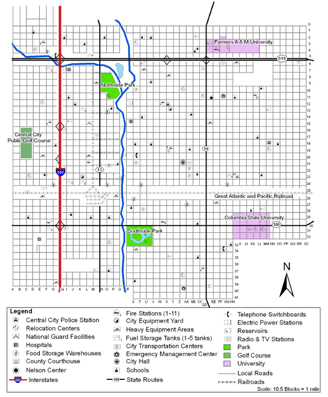 Example map of ficticious Central City showing rivers, roads, parks, universities, golf course, and railroad tracks.