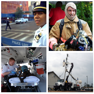 Four photos. Photo 1 is police officer, photo 2 is  fire fighter. Photo3 is Emergency Medical Technicion in ambulance with patient. Photo 4 is a power truck with a technician working on power pole.