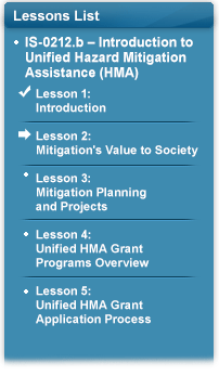 Lessons List: IS-0212.b – Introduction to Unified Hazard Mitigation Assistance (HMA). Check mark next to Lesson 1: Introduction. Arrow pointing to Lesson 2: Mitigation’s Value to Society. Lesson 3: Mitigation Planning and Projects. Lesson 4: Unified HMA Grant Programs Overview. Lesson 5: Unified HMA Grant Application Process.