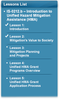 Lessons List: IS-0212.b – Introduction to Unified Hazard Mitigation Assistance (HMA). Check marks next to Lesson 1: Introduction and Lesson 2: Mitigation’s Value to Society. Lesson 3: Mitigation Planning and Projects. Lesson 4: Unified HMA Grant Programs Overview. Lesson 5: Unified HMA Grant Application Process.