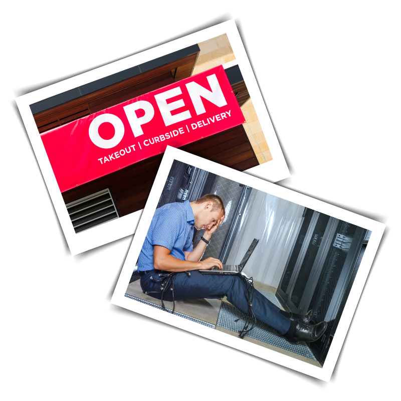 2 photos: Shop with open sign, and a man looking at a laptop holding his head in frustration