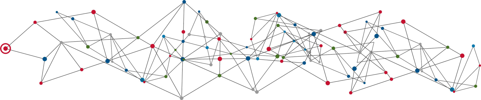 A stylized network diagram with dozens of colored dots connected by lines to show the complexity of the network.