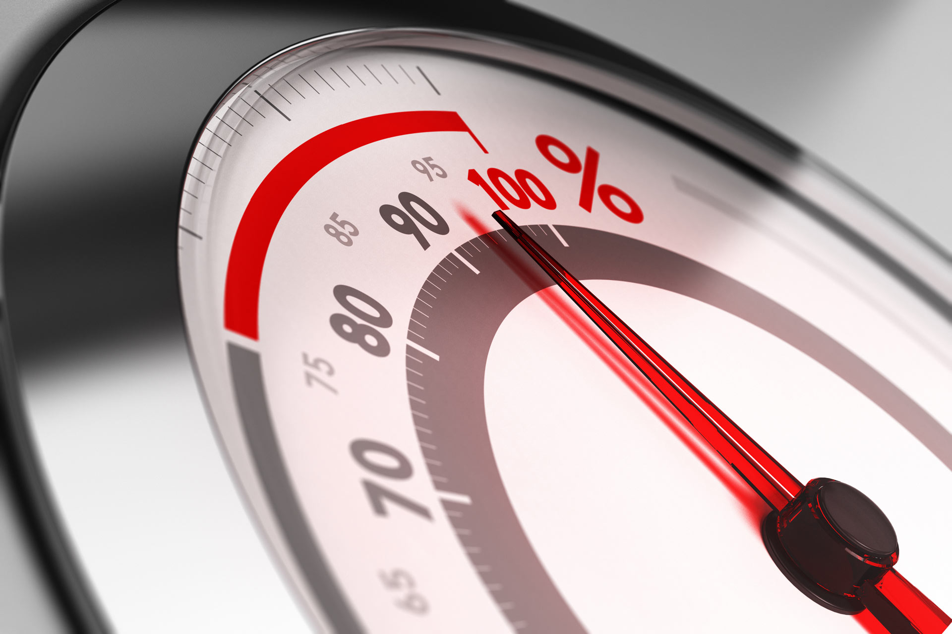 performance concept barometer scale with the needle pointing to almost 100% 