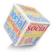 Graphic of a cube covered with words related to social media, including social, network, media, blog, web, and others