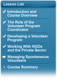 Lesson list showing six lessons: Lesson 1, Introduction and Course Overview; Lesson 2, The Role of the Volunteer Program Coordinator; Lesson 3, Developing a Volunteer Program; and Lesson 4, Working With NGOs and the Private Sector (highlighted as complete); Lesson 5, Managing Spontaneous Volunteers (highlighted as the next lesson); and Lesson 6, Course Summary.