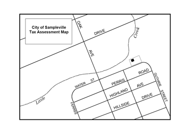 City of Sampleville Tax Assessment Map, Property Northeast of Oak Ave and Water St intersection. Little Creek runs north of property. Roads south of property, Perris Road, Highland Ave, and Hillside Drive. Guthrie St South East of property.