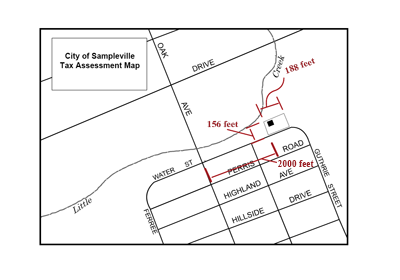 City of Sampleville Tax Assessment Map. Property is Northeast of the Oak Ave and Water St intersection. 2000 Feet from Water St to Southwest corner of property. Property 156 feet along the west edge. Property 188 feet from west to east edges. Property's Northwest corner is closest to Little Creek.