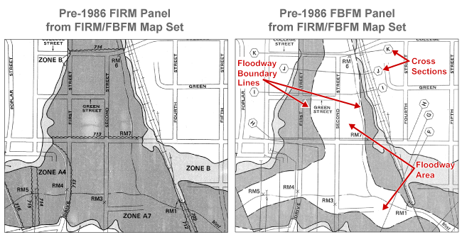 Pre-1986 FIRM and mirror FBFM with Floodway Boundary Line, Cross Section Symbols, and Floodway area identified.