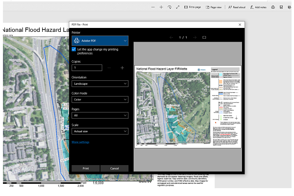 NFHL FIRMette in Print interface. Options include printer, copies, Orientation, Color Mode, Pages, Scale, Print and Cancel buttons.